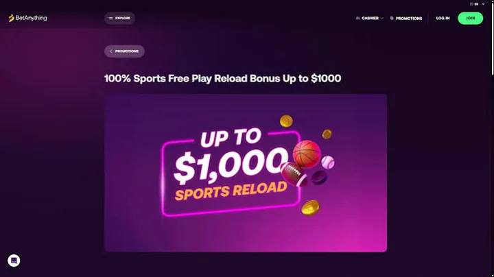 BetAnything site showing its sports promotions page and account menu
