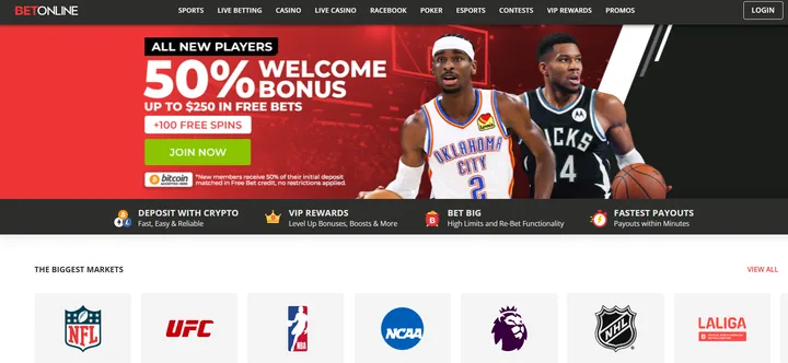 BetOnline sportsbook homepage showing NFL, UFC and NCAA markets